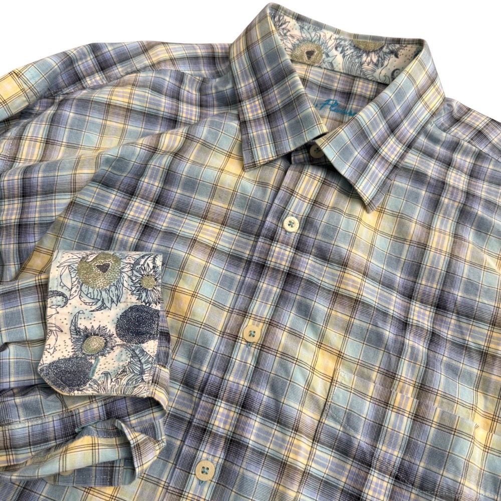 Alan Flusser Mens Blue Yellow Plaid Cotton Button Down Shirt Floral Cuff Large